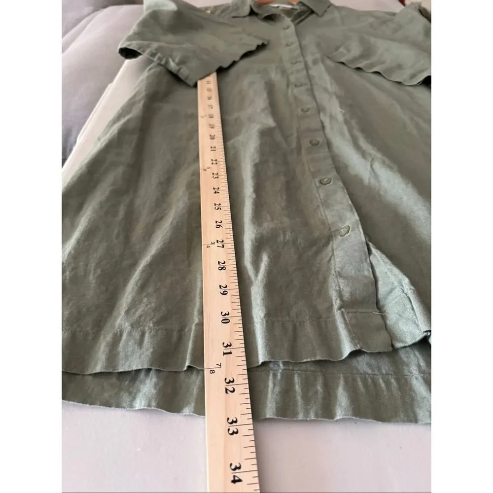 H&M Linen Blend Shirt Dress Olive Green Button Front Short Sleeve Women’s M
